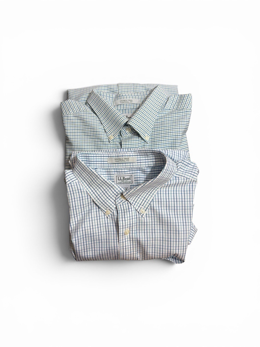 2 Pieces LL Bean Mens Button Down Shirt Blue Gingham Wrinkle Free 17 1/2-36